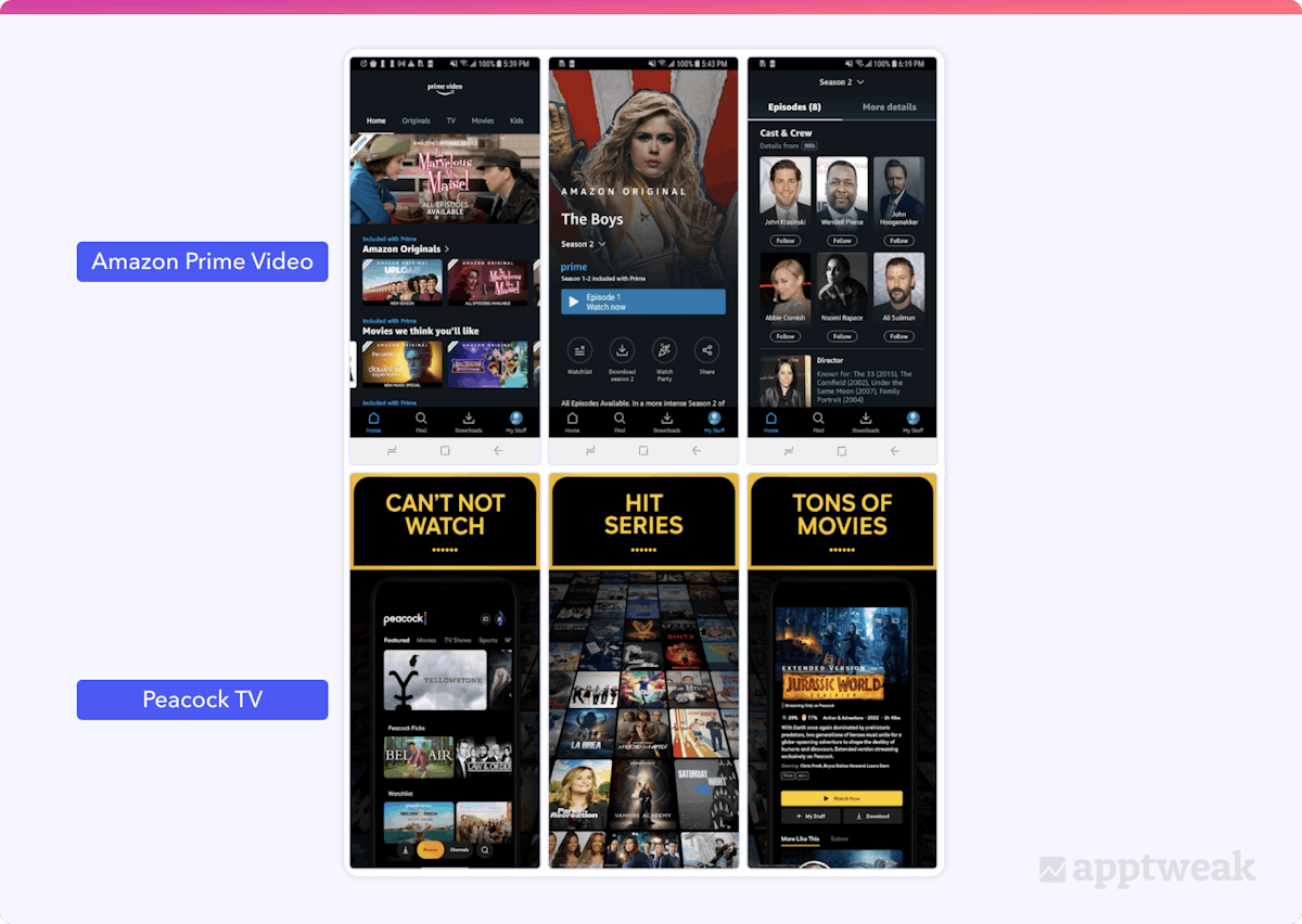 App screenshots for Amazon Prime Video on Google Play and Peacock TV on the App Store, US